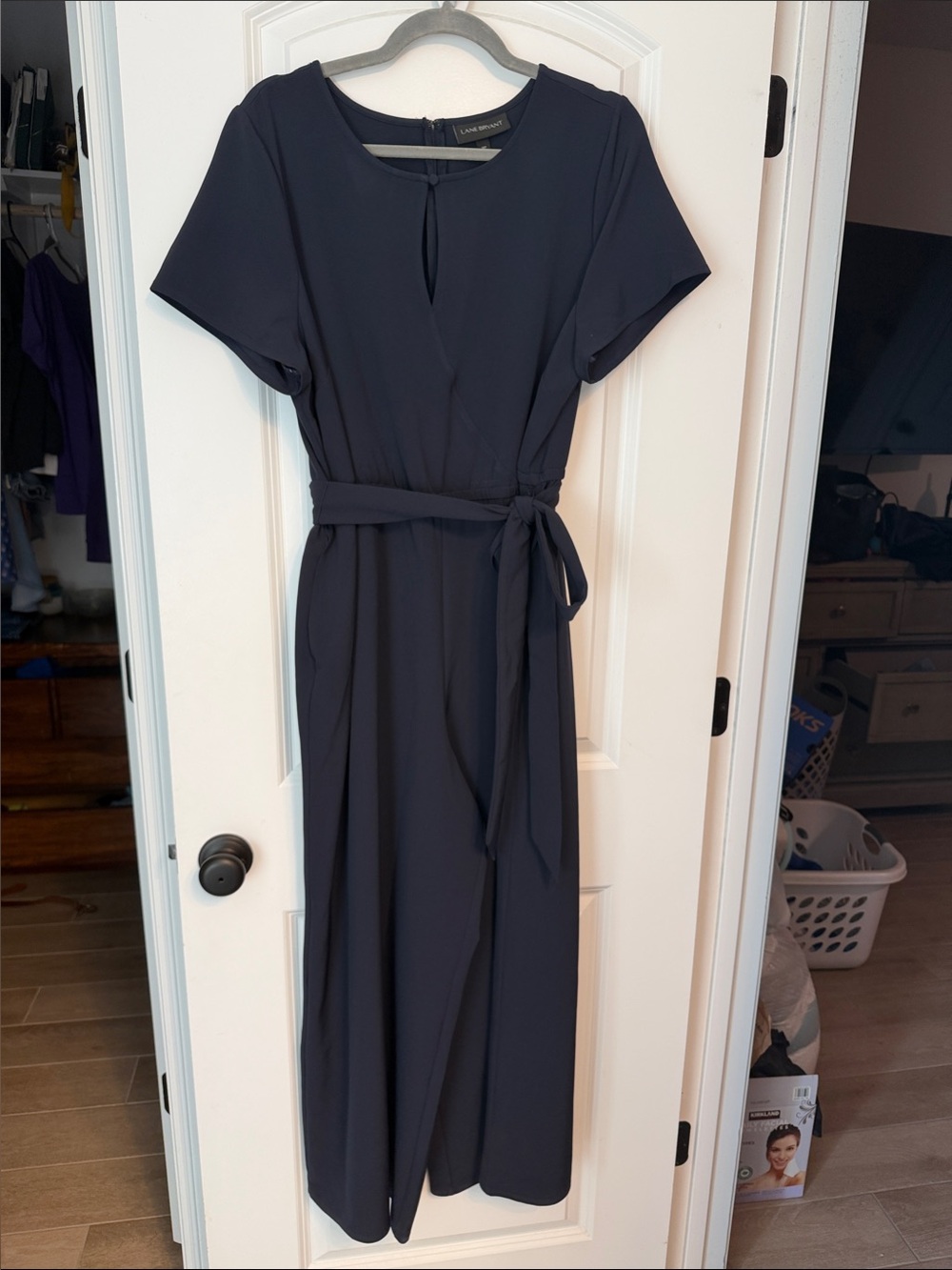 Navy Short-Sleeve Tie-Waist jumpsuit
